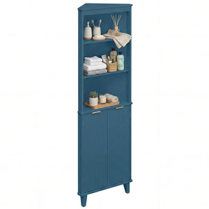 68 Inch Tall Bathroom Floor Storage Cabinet with Fluted Doors-Blue