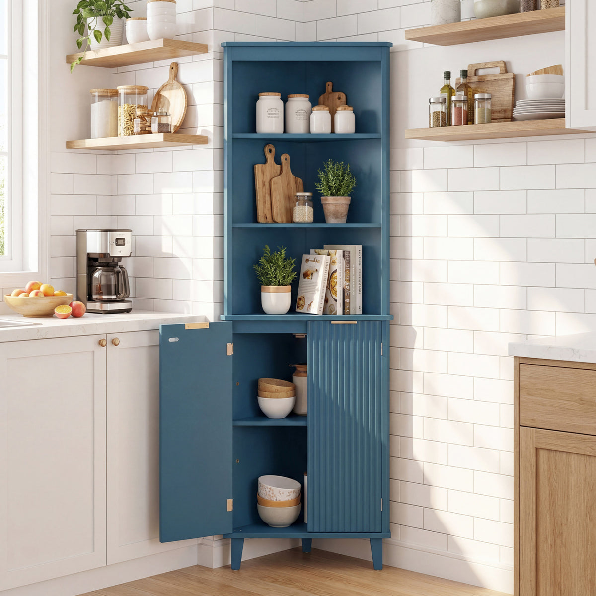 68 Inch Tall Bathroom Floor Storage Cabinet with Fluted Doors-Blue