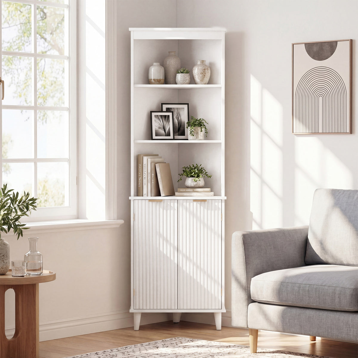 68 Inch Tall Bathroom Floor Storage Cabinet with Fluted Doors-White