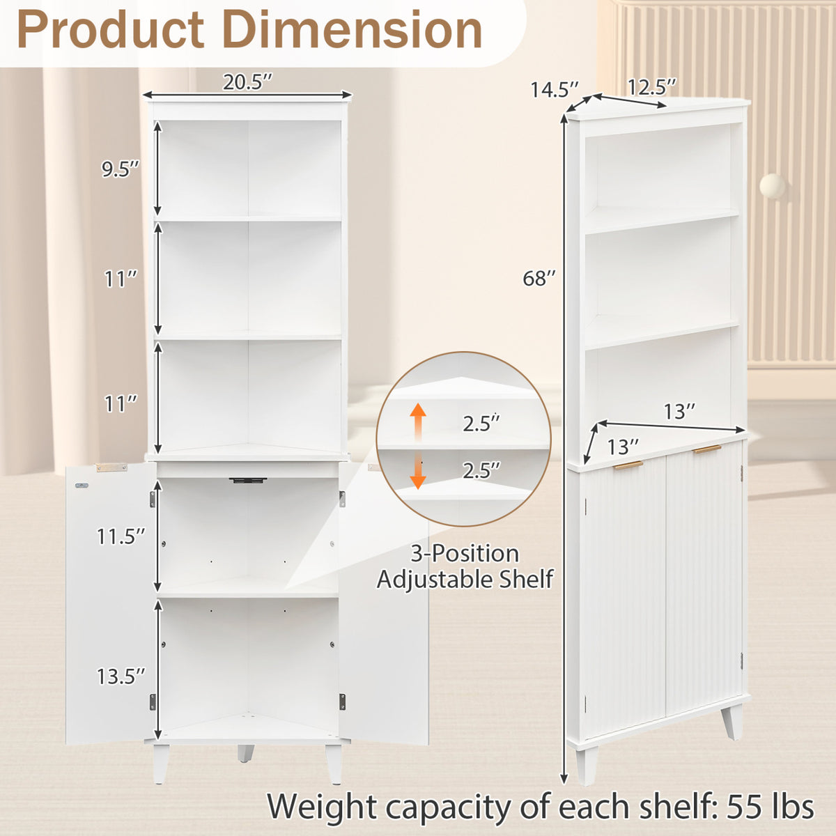 68 Inch Tall Bathroom Floor Storage Cabinet with Fluted Doors-White