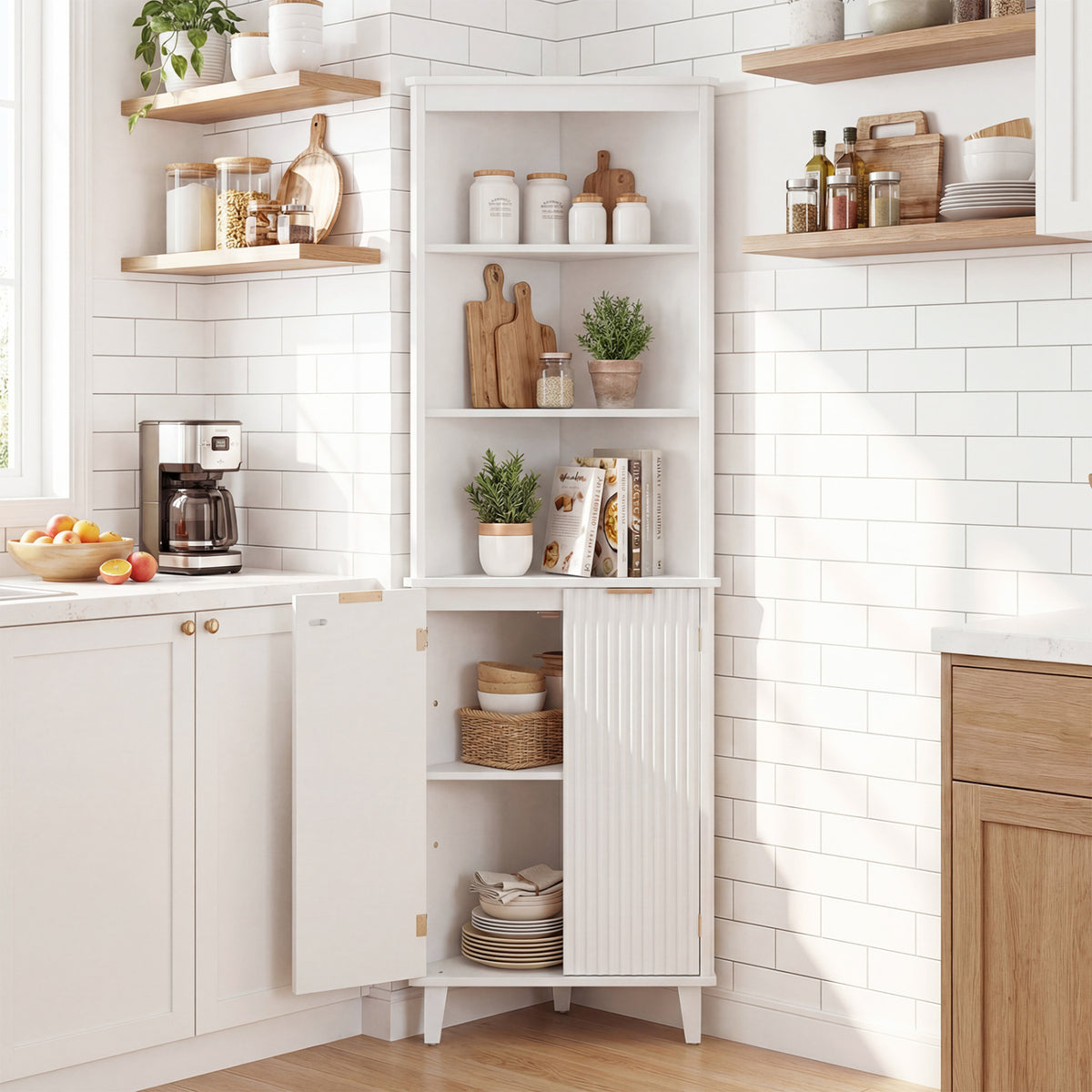 68 Inch Tall Bathroom Floor Storage Cabinet with Fluted Doors-White