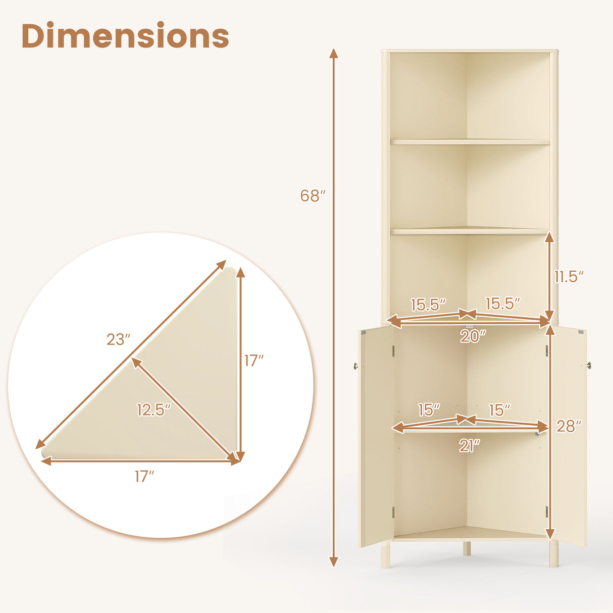 68 Inch Tall Corner Cabinet with 5 Shelves and 2 Fluted Doors for Bathroom-Beige
