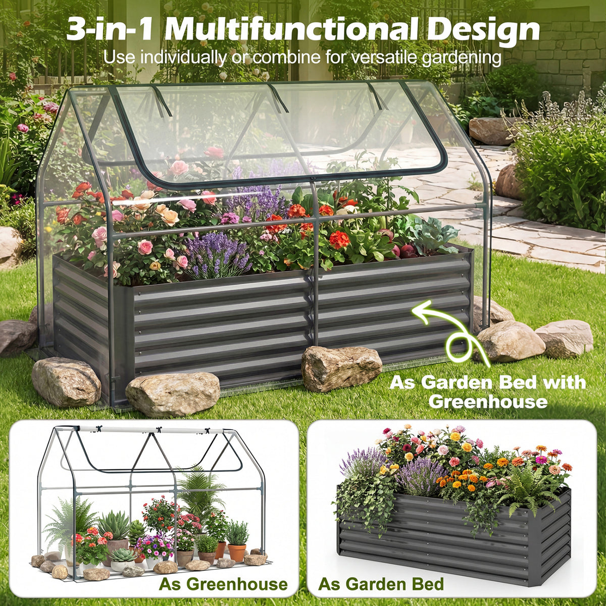 68 x 33 x 21 Inch Galvanized Raised Garden Bed with Cover-Black