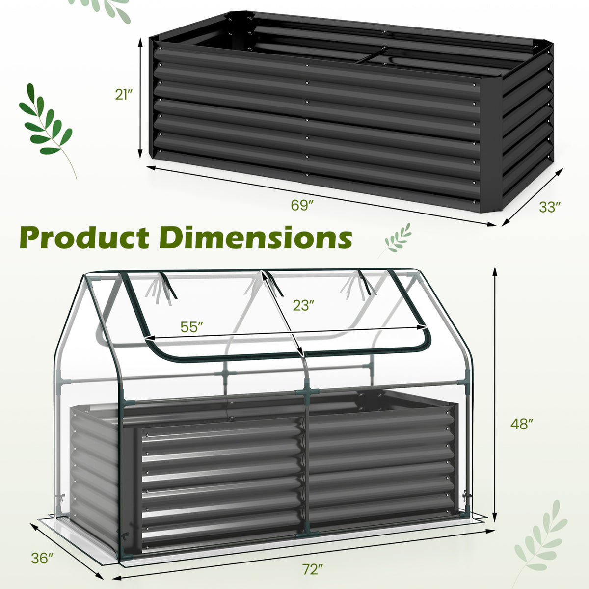 68 x 33 x 21 Inch Galvanized Raised Garden Bed with Cover-Black