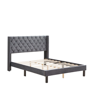 Couch.com Velvet Button Tufted-Upholstered Bed With Wings Design Strong Wood Slat Support Queen Platform Bed Gray, Durable Design, Fabric Construction, Dark Gray Finish by Couch.com