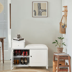 Shoe Storage Bench Cabinet With Fireproof Cushion, Double Doors And Movable Drawer For Door Entrance - White by Couch.com