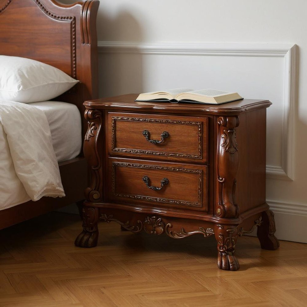 31" Brown Wood Carved Scrollwork Two Drawer Nightstand