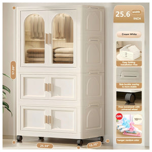 Side Wide Folding Wardrobe, With Magnetic Door, Plastic Storage Cabinet With Wheels (1 Layer Of Wardrobe + 2 Layers Of Folding Boxes + 10 Hangers) - Cream White by Couch.com