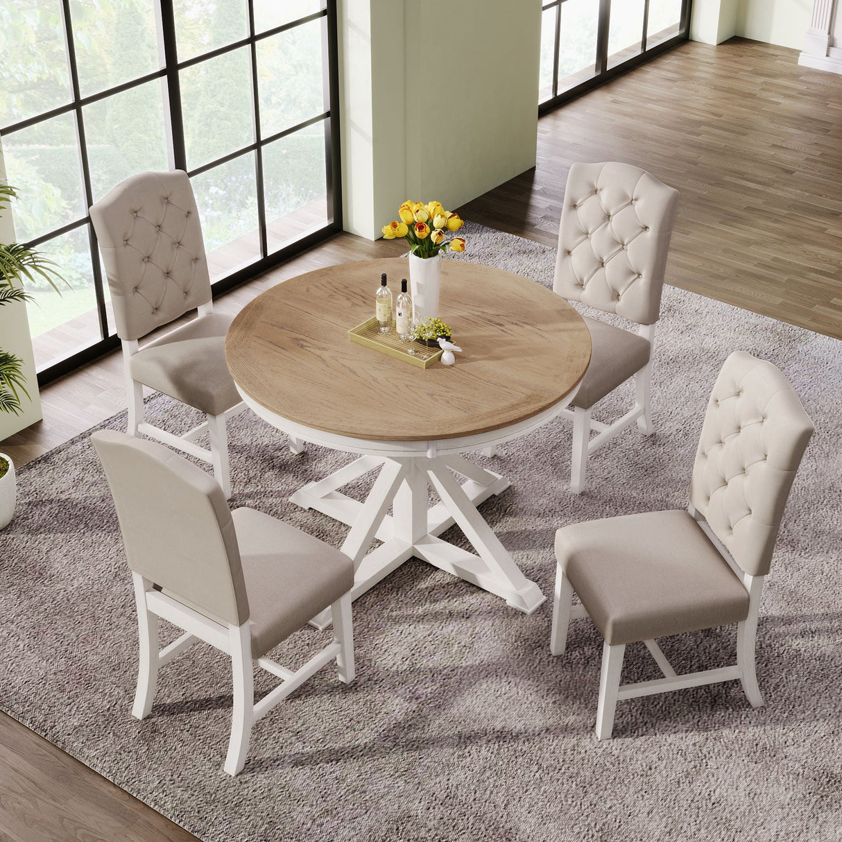 Functional Furniture Retro Style Dining Table Set With Extendable Table And 4 Upholstered Chairs For Dining Room And Living Room by Couch.com