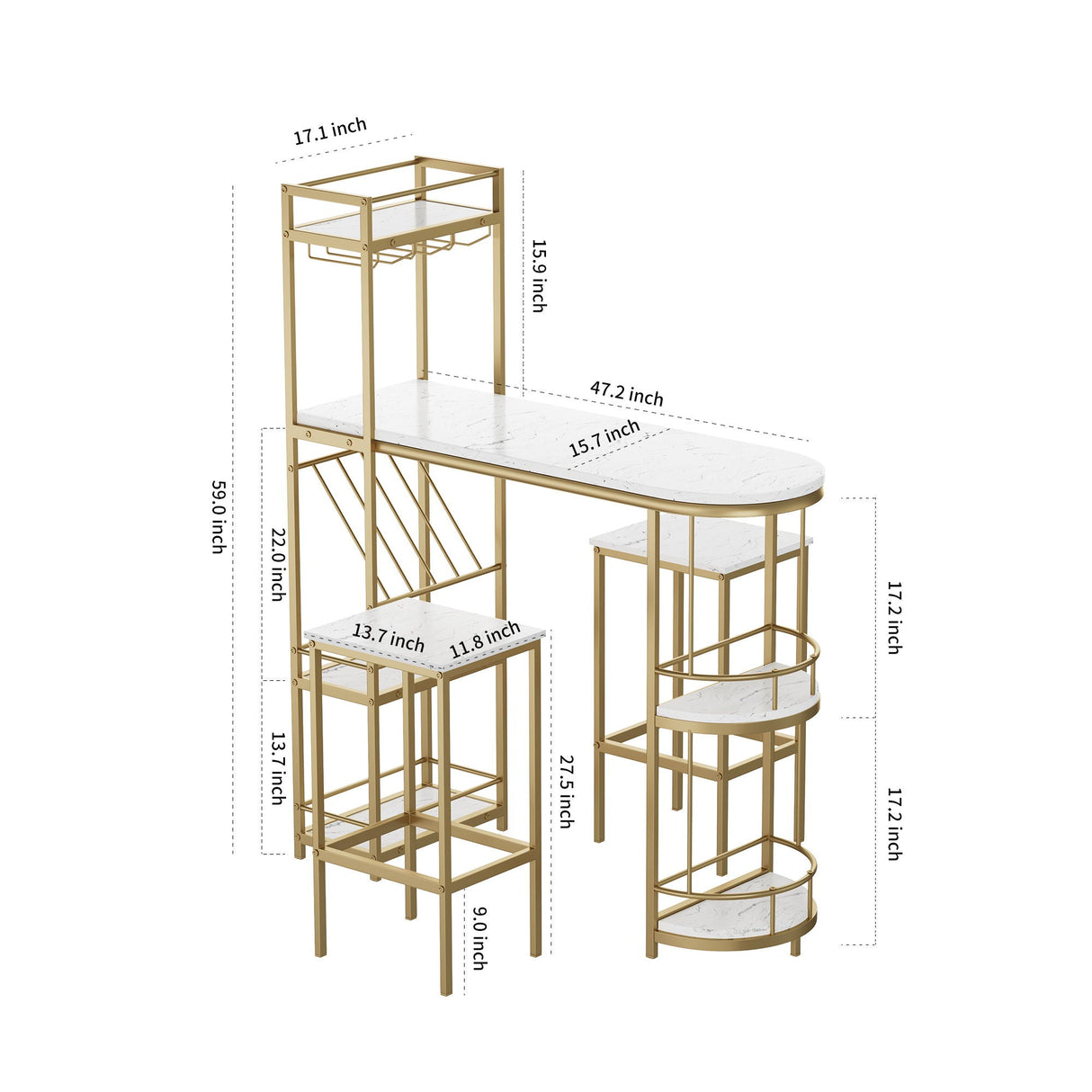 3 Piece Bar Table And Chairs Set, Modern Kitchen Bar Height Dining Table Wood Breakfast Pub Table With Base With Shelves, Glass Rack, Wine Bottle Rack, With 2 Bar Stools - White / Gold by Couch.com