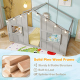 Twin Size House Bed with LED Lights Montessori Slat-free Floor Bed-Grey