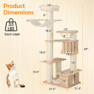 69 Inches Tall Cat Tree with Cozy Top Perch and Washable Plush Cushions