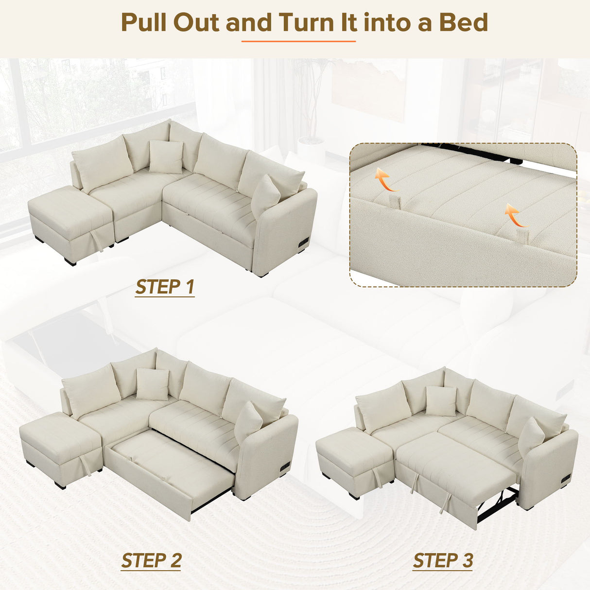 L-Shaped Sectional Pull Out Sofa Bed Sleeper Sofa With Two USB Ports, Two Power Sockets And A Movable Storage Ottoman by Couch.com