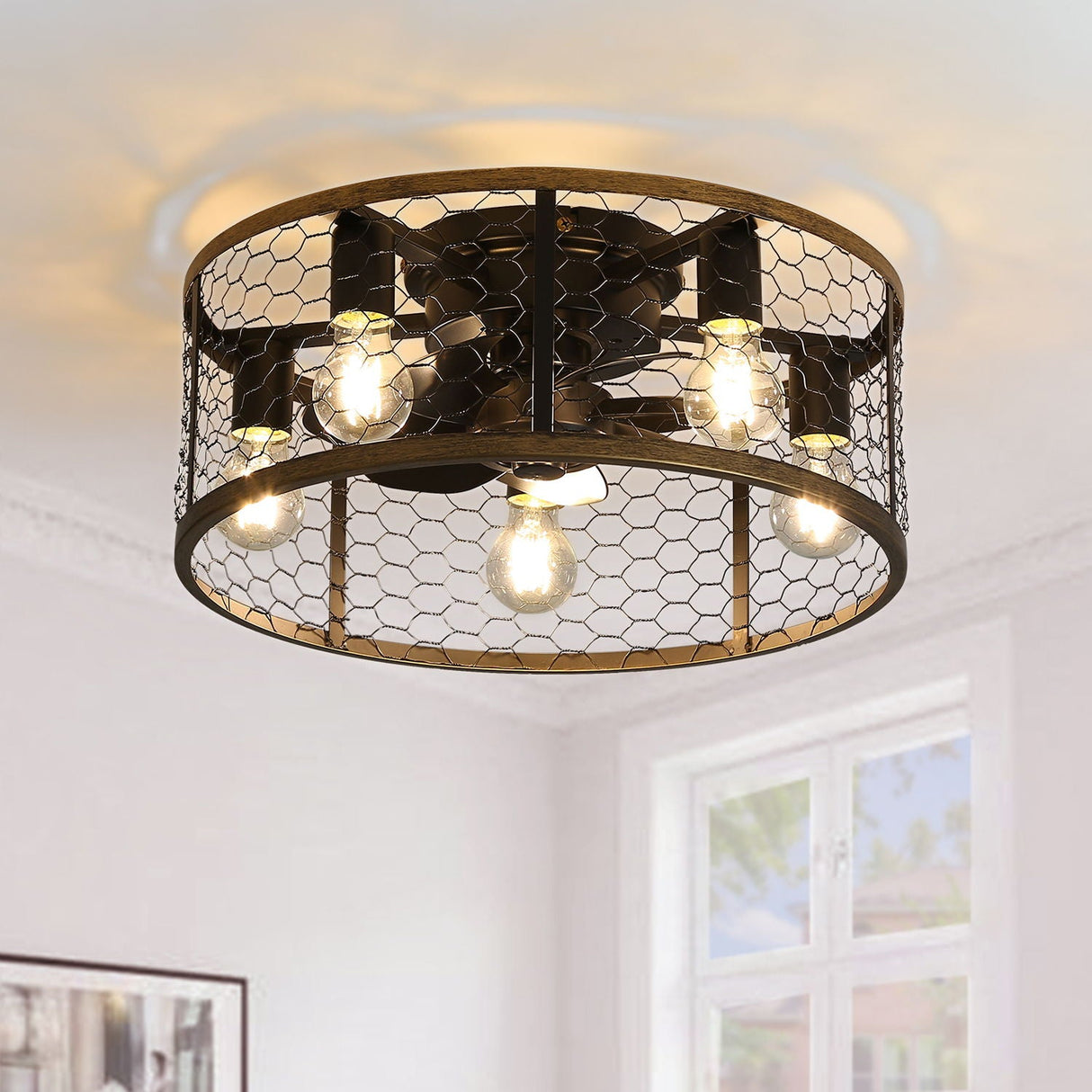 20" Industrial Caged Ceiling Fan, With 7 - ABS Blades Remote Control Reversible DC Motor, Small Flush Mount Ceiling Fan For Farmhouse - Black by Couch.com