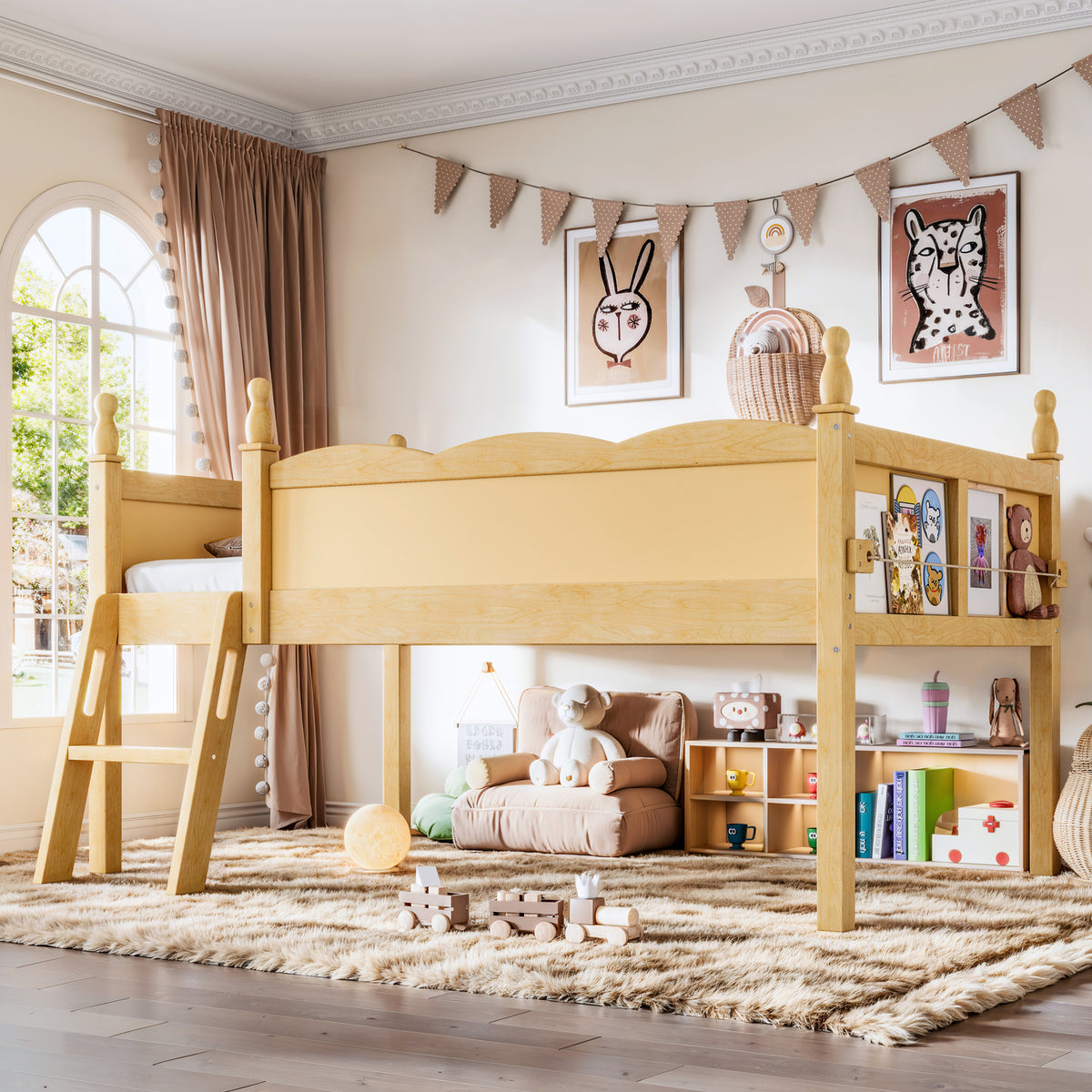 Twin Size Loft Bed with Full-Length Guardrails, Solid Wood Low Loft Bed with Ladders and Beside Book Shelf, Low Profile Design, Natural