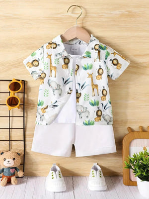 Baby Short Sleeve Shorts Cardigan Two-piece Set Animal Dinosaur Print