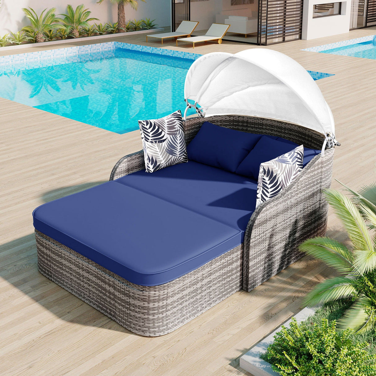Outdoor Sunbed With Adjustable Canopy, Daybed With Pillows, Double Lounge, PE Rattan Daybed by Couch.com