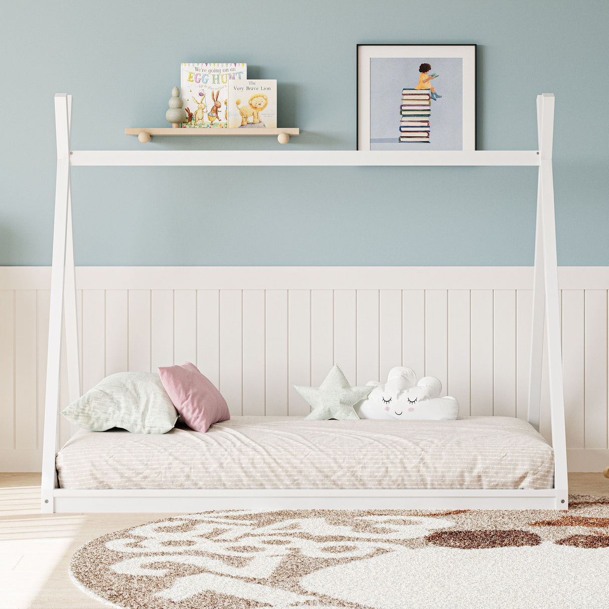 Wood Tent Bed For Kids, Montessori Style Low - Floor Bed, House-Shape Tent Bed Frame by Couch.com