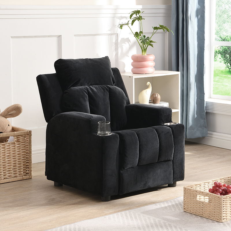 Kids Recliner Chair, Kids Upholstered Couch With One Cup Holder, Toddlers Recliner With Headrest And Footrest - Black by Couch.com