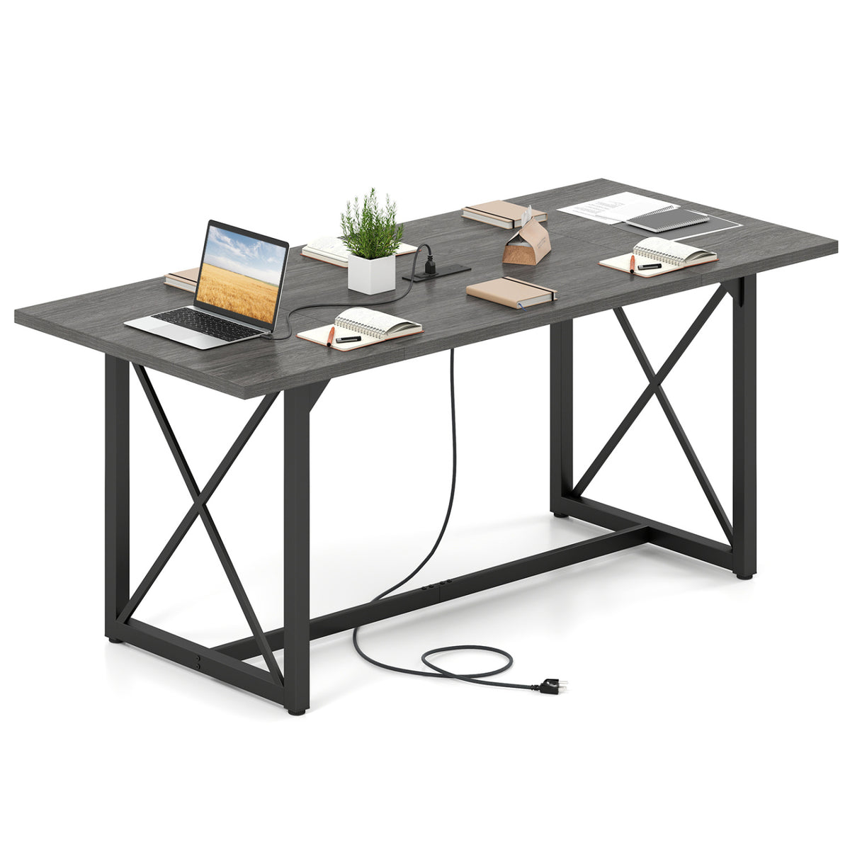 6FT Conference Table with Power Outlets Seats 6-8 People for Office-Gray