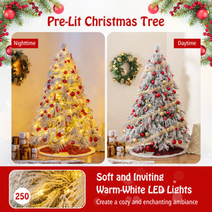 6 Feet Pre-Lit Snow Flocked Christmas Tree with Warm White LED Lights-6 ft