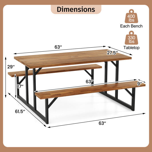 6-Person Acacia Wood Picnic Table with 2 Built-In Benches