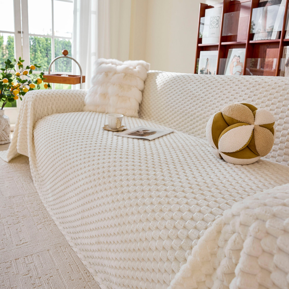 Thick Plush Non-Slip Sofa Throw Cover, Warm Soft Faux Fur Couch Protector for Winter