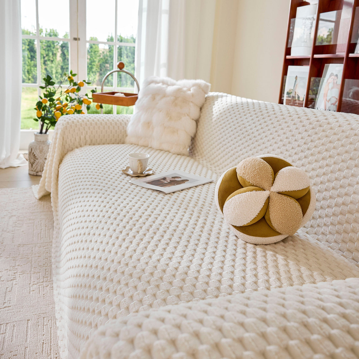 Thick Plush Non-Slip Sofa Throw Cover, Warm Soft Faux Fur Couch Protector for Winter