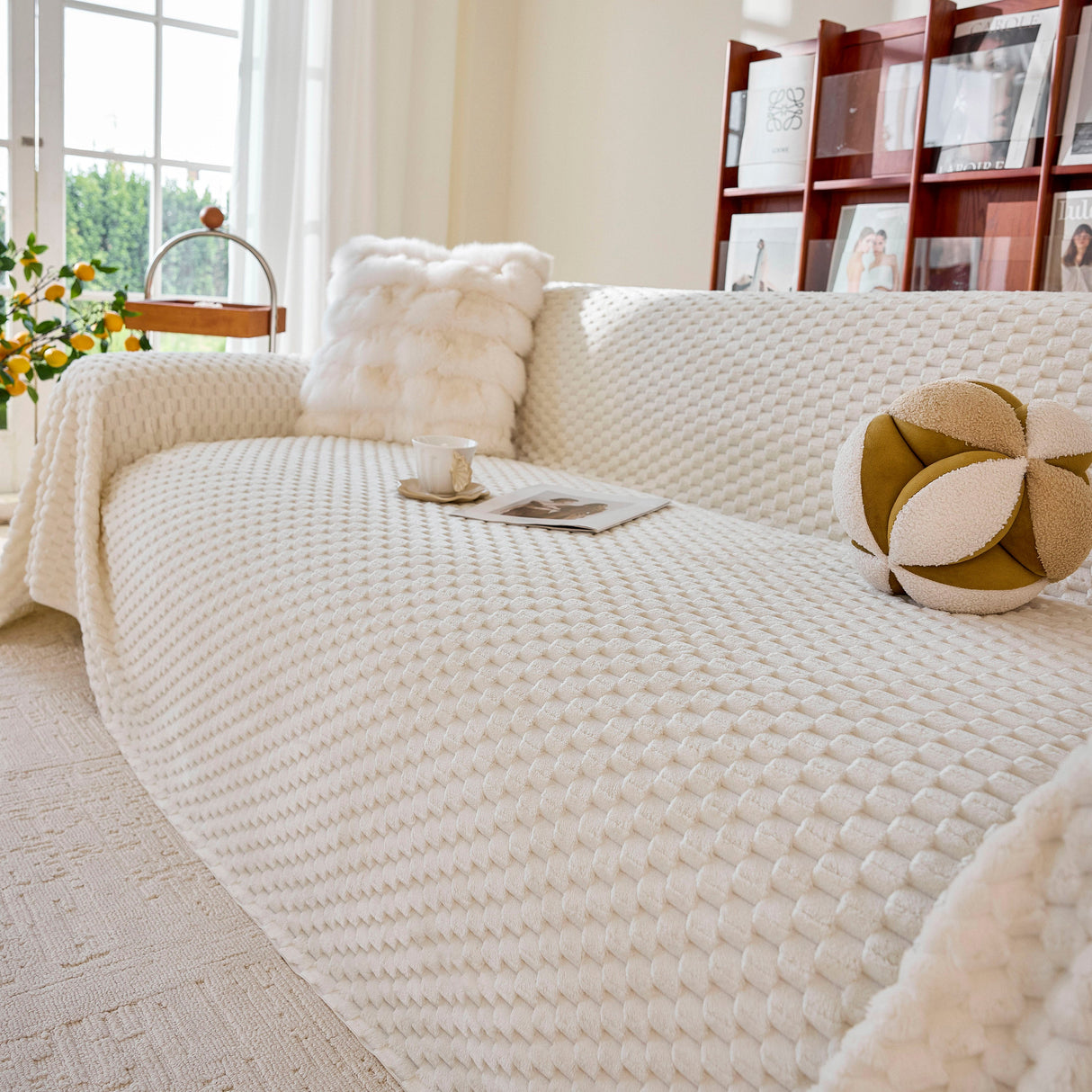 Thick Plush Non-Slip Sofa Throw Cover, Warm Soft Faux Fur Couch Protector for Winter