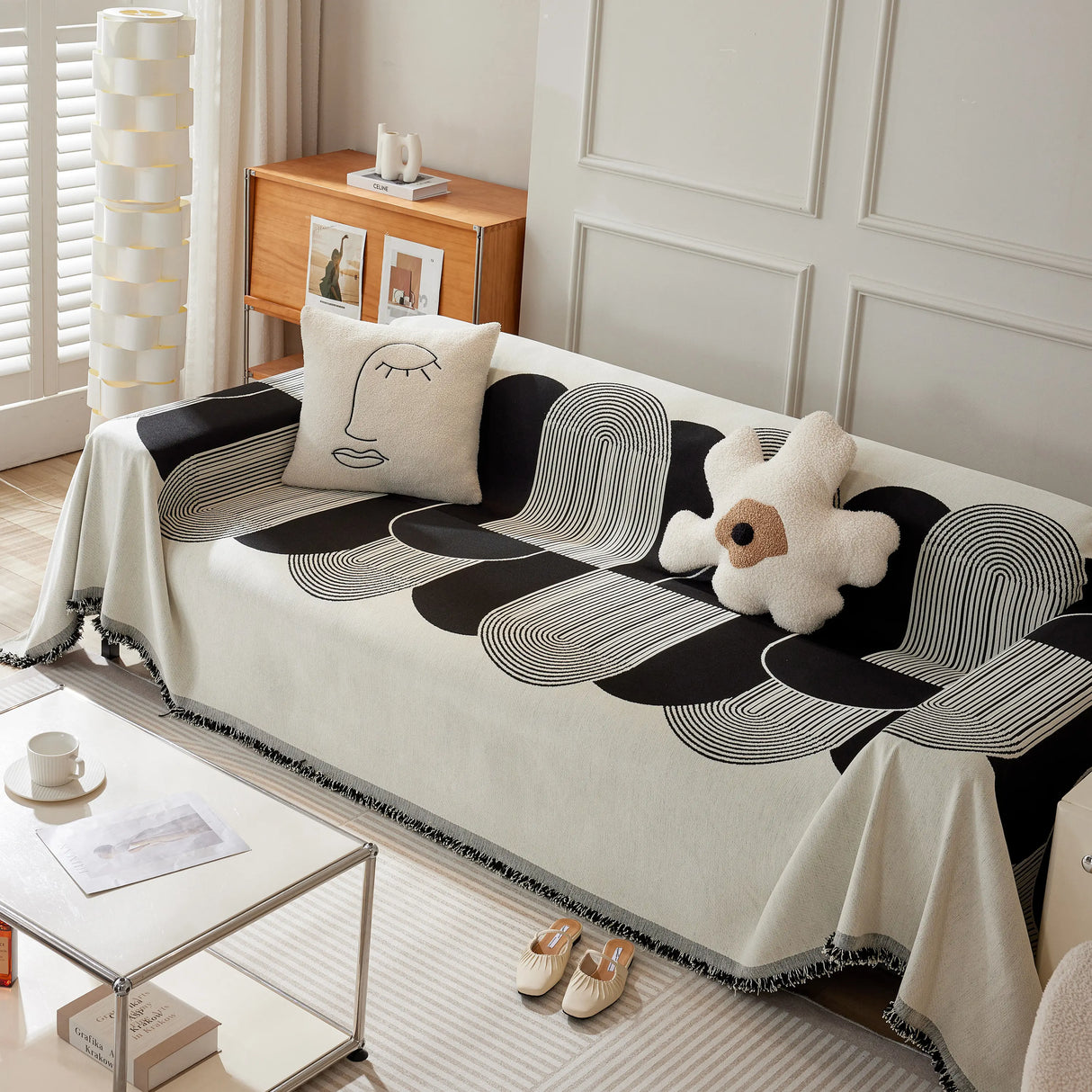 Soft Chenille Tassel Trim Sectional Sofa Protector Couch Covers for Cats Cozy Blanket Sofa Throws