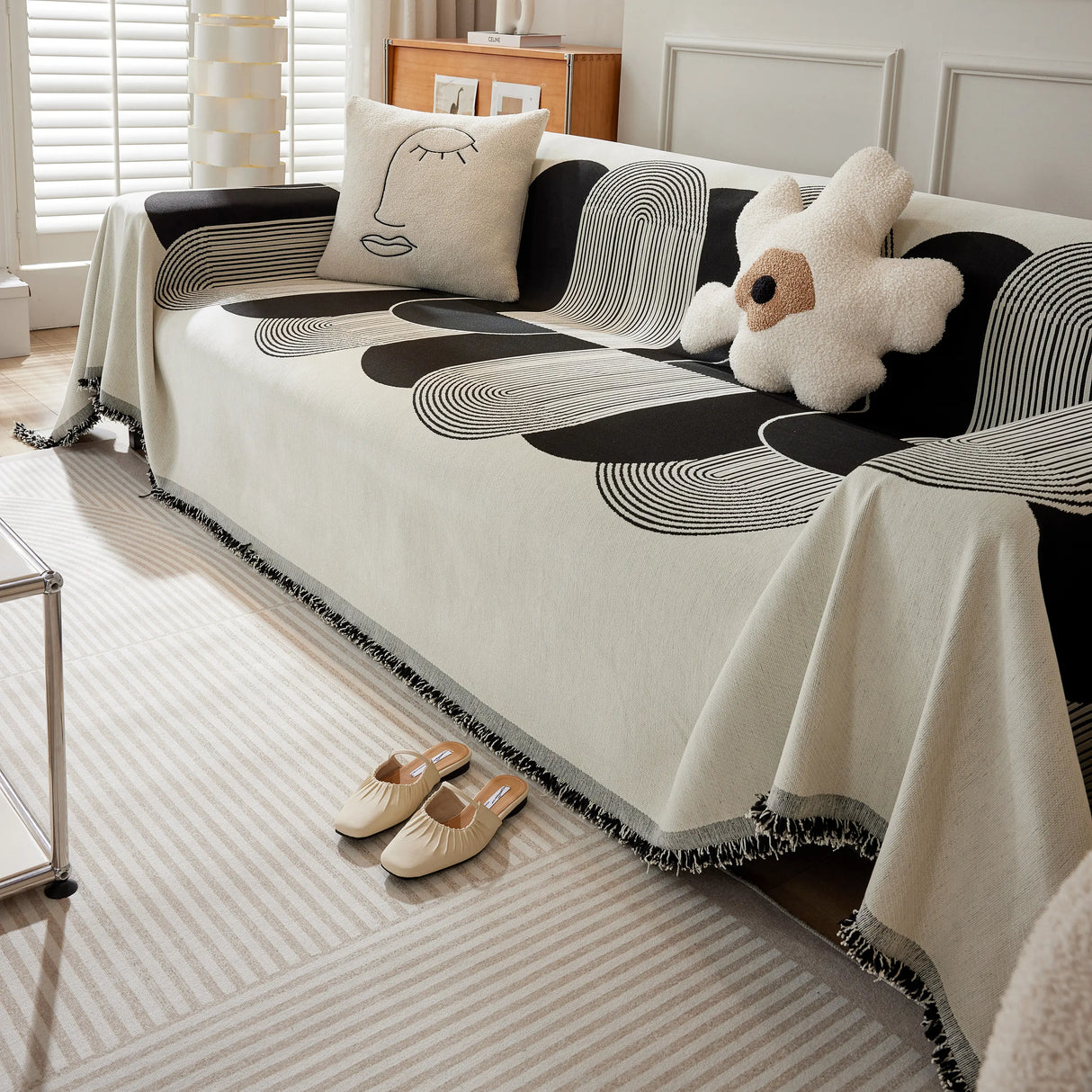 Soft Chenille Tassel Trim Sectional Sofa Protector Couch Covers for Cats Cozy Blanket Sofa Throws