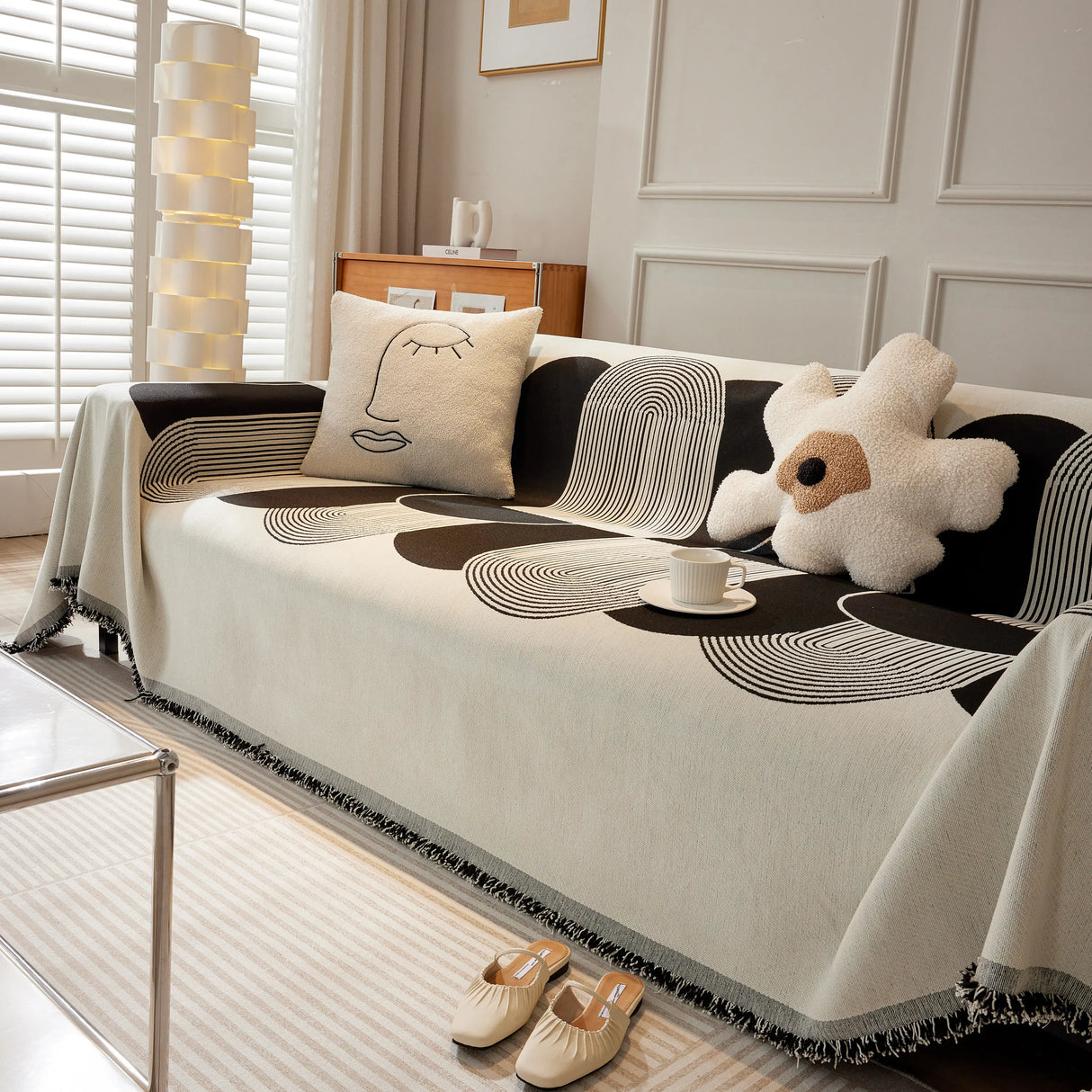 Soft Chenille Tassel Trim Sectional Sofa Protector Couch Covers for Cats Cozy Blanket Sofa Throws