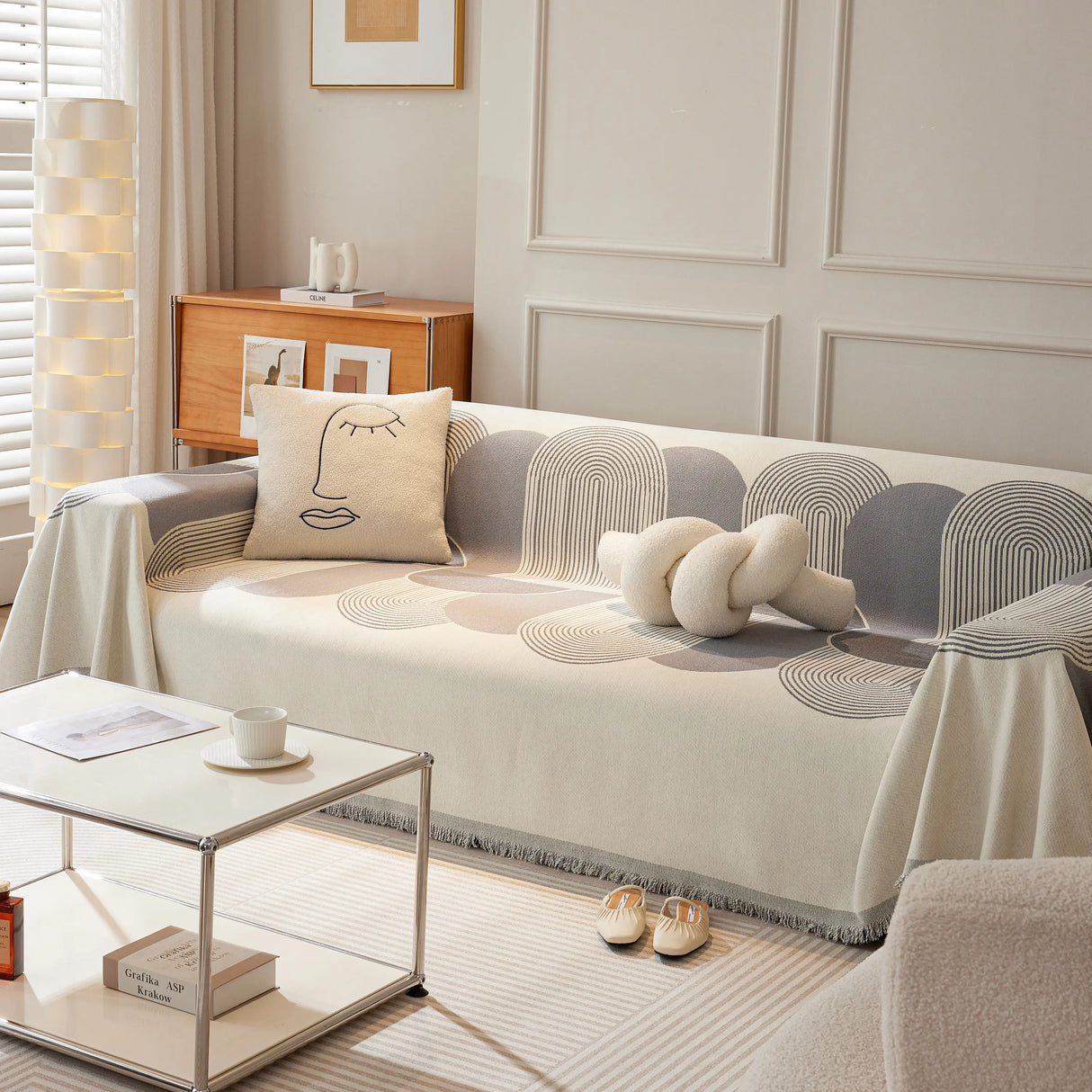 Soft Chenille Tassel Trim Sectional Sofa Protector Couch Covers for Cats Cozy Blanket Sofa Throws