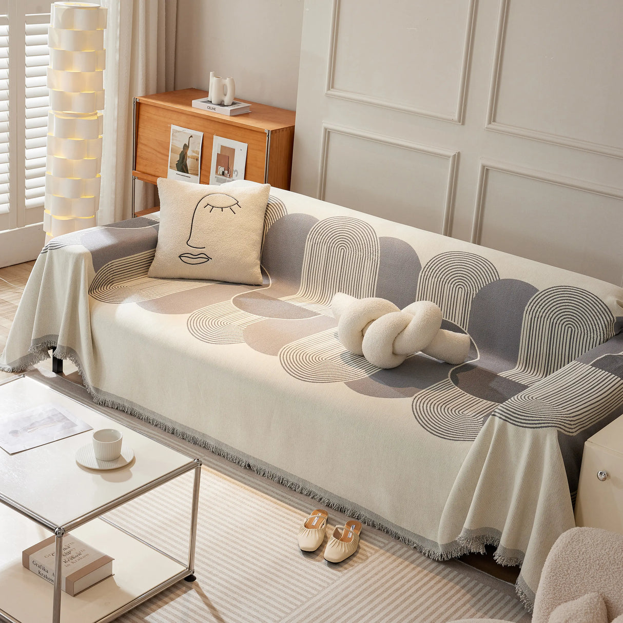 Soft Chenille Tassel Trim Sectional Sofa Protector Couch Covers for Cats Cozy Blanket Sofa Throws