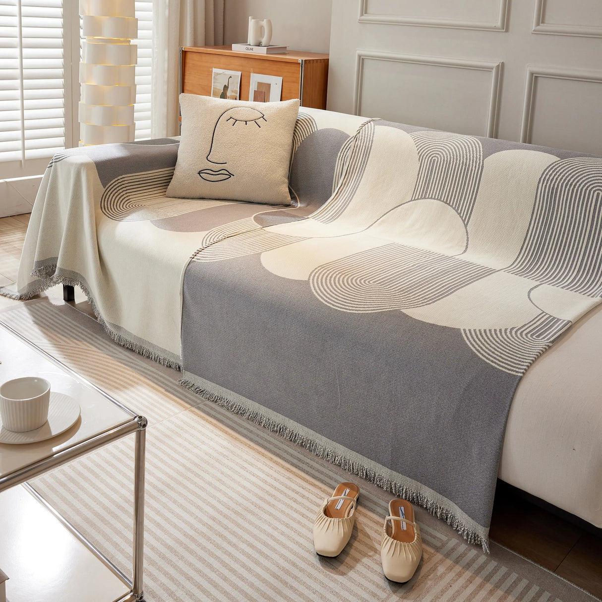 Soft Chenille Tassel Trim Sectional Sofa Protector Couch Covers for Cats Cozy Blanket Sofa Throws