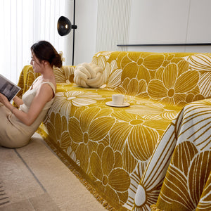 Chenille Jacquard Sofa Throw Cover with Tassels, All-Season Furniture Protector for Home and Office