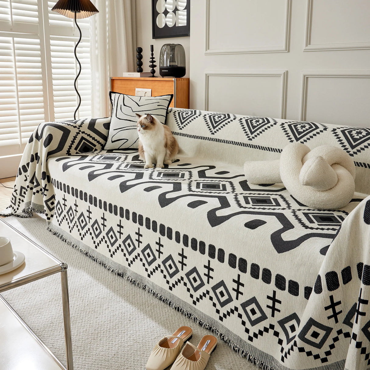 Boho Geometric Chenille Throw Sofa Cover Soft Textured Decorative Couch Blanket