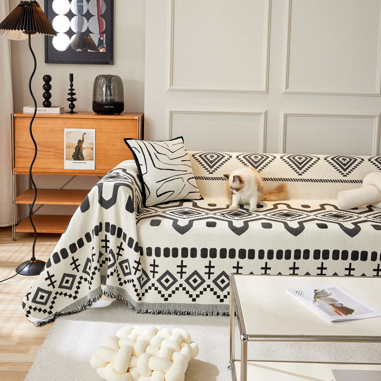 Boho Geometric Chenille Throw Sofa Cover Soft Textured Decorative Couch Blanket