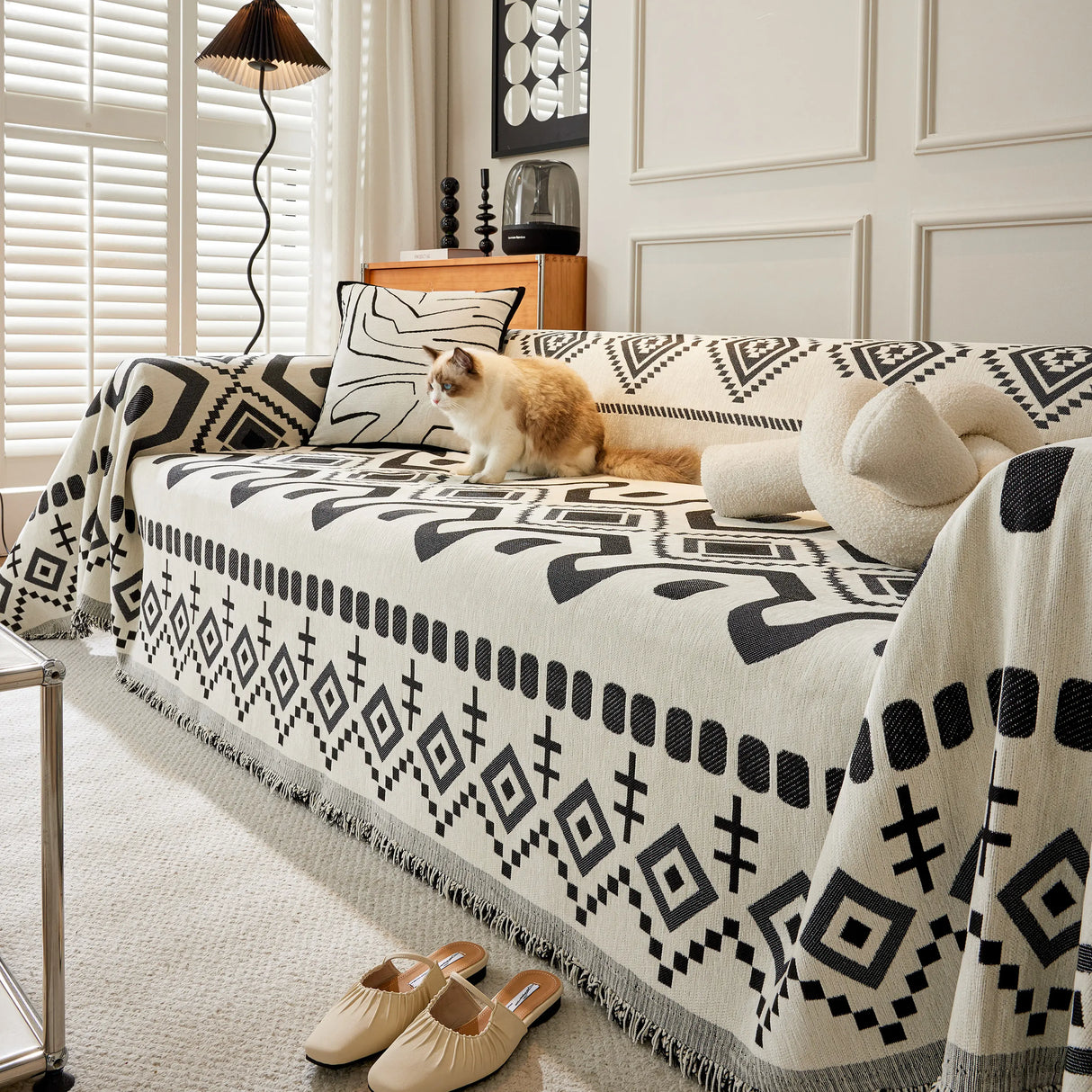 Boho Geometric Chenille Throw Sofa Cover Soft Textured Decorative Couch Blanket