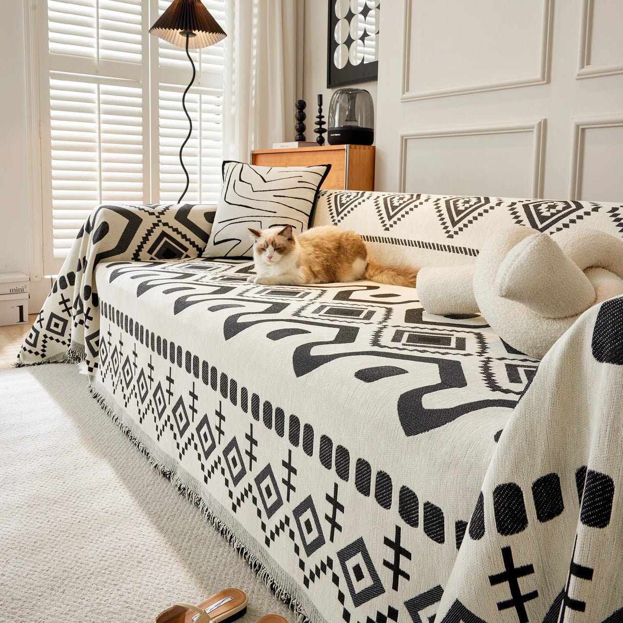 Boho Geometric Chenille Throw Sofa Cover Soft Textured Decorative Couch Blanket