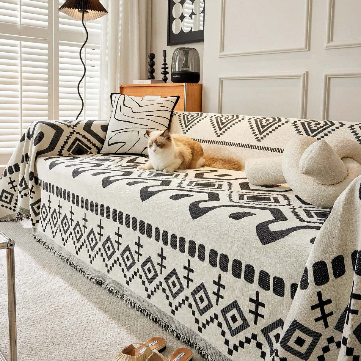 Boho Geometric Chenille Throw Sofa Cover Soft Textured Decorative Couch Blanket