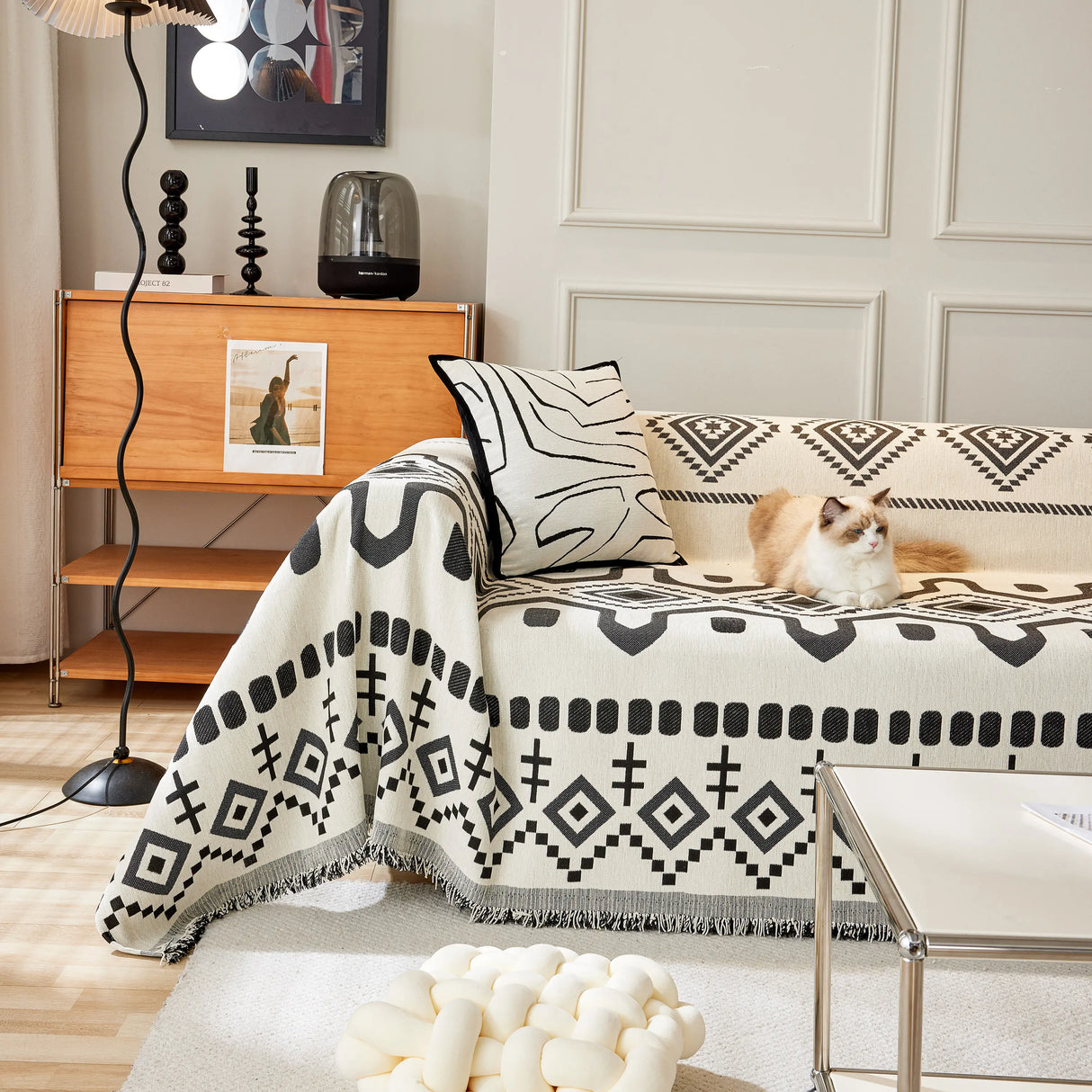 Boho Geometric Chenille Throw Sofa Cover Soft Textured Decorative Couch Blanket