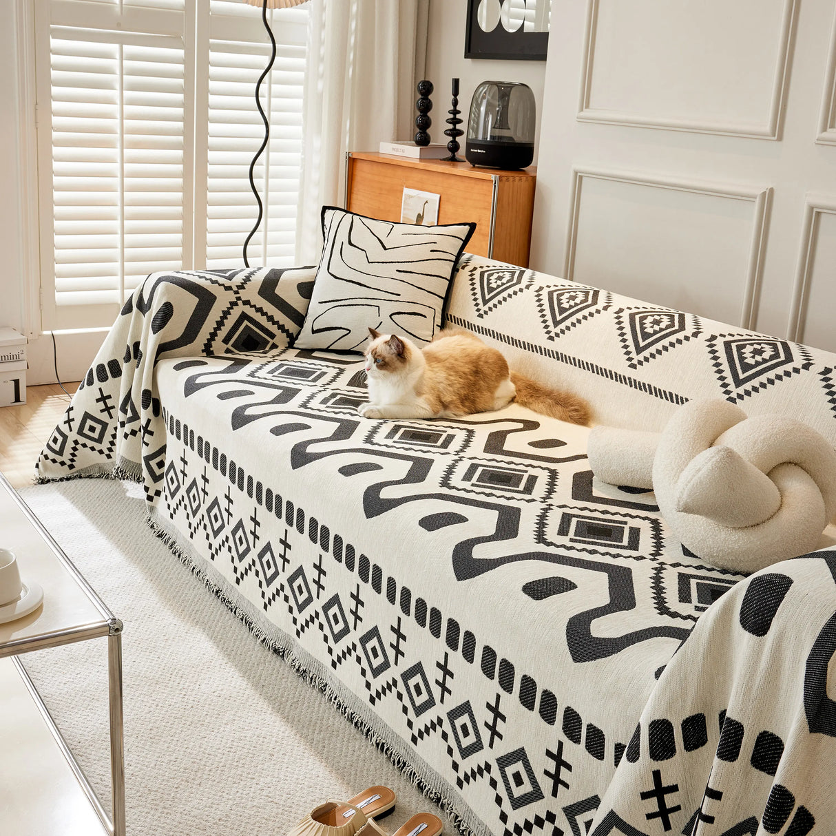 Boho Geometric Chenille Throw Sofa Cover Soft Textured Decorative Couch Blanket