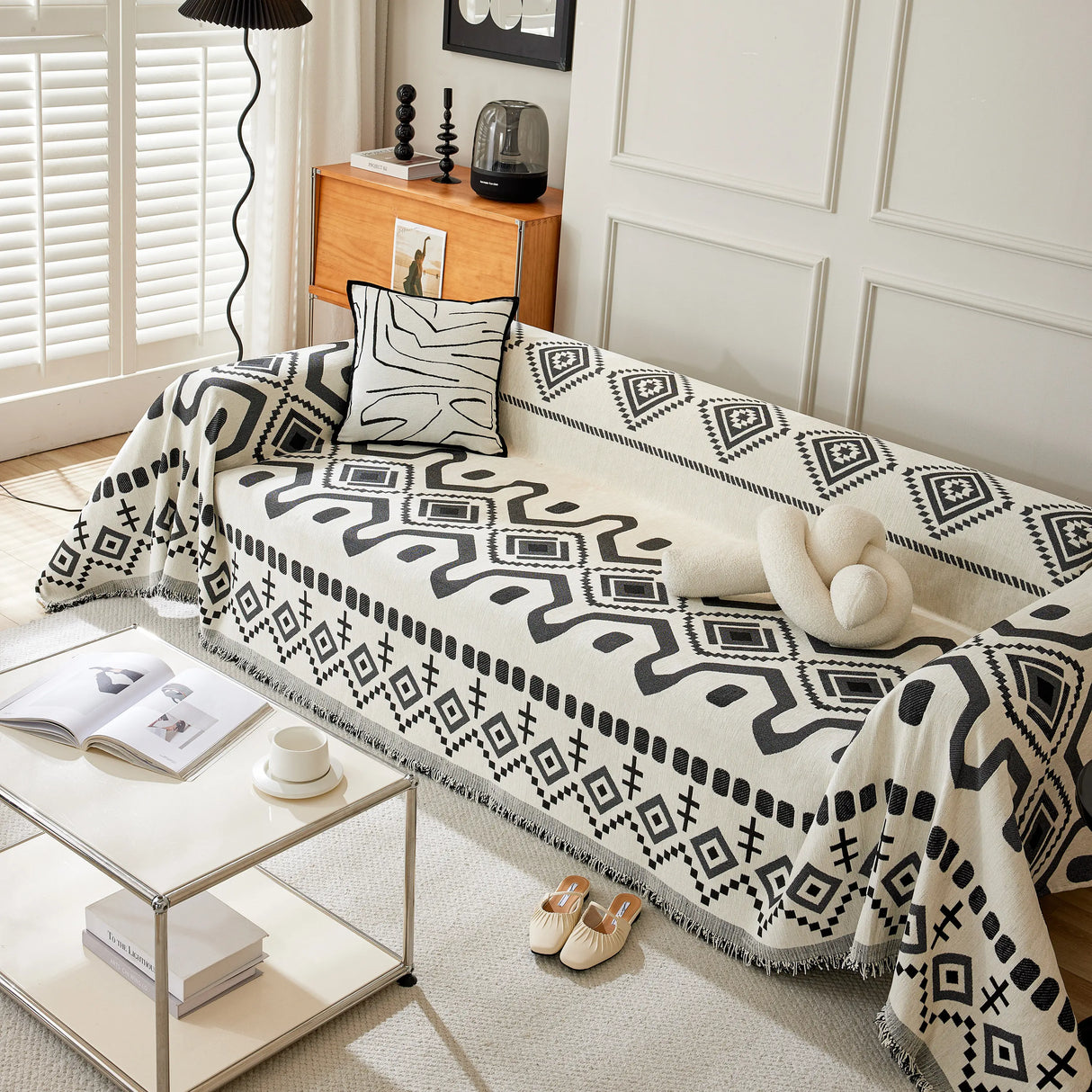 Boho Geometric Chenille Throw Sofa Cover Soft Textured Decorative Couch Blanket