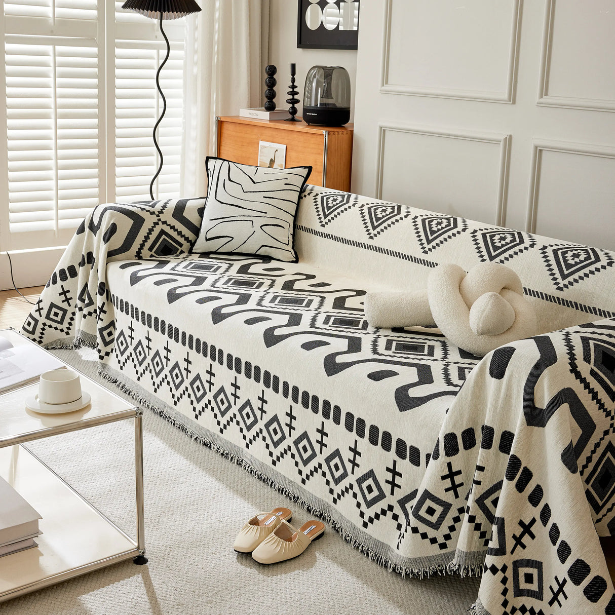 Boho Geometric Chenille Throw Sofa Cover Soft Textured Decorative Couch Blanket