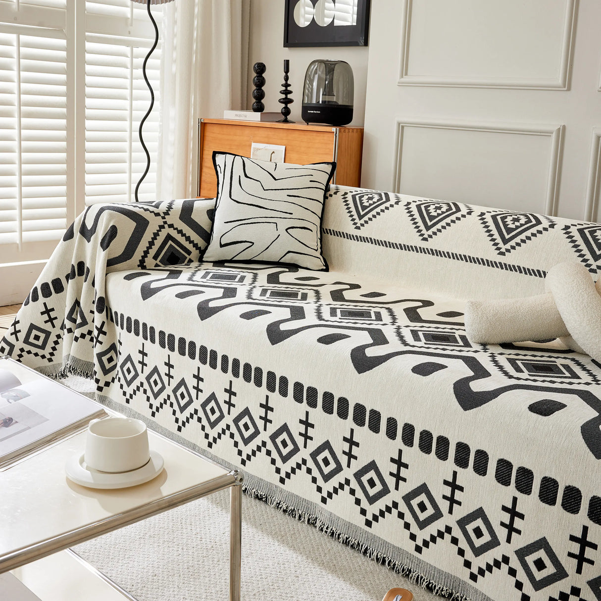 Boho Geometric Chenille Throw Sofa Cover Soft Textured Decorative Couch Blanket