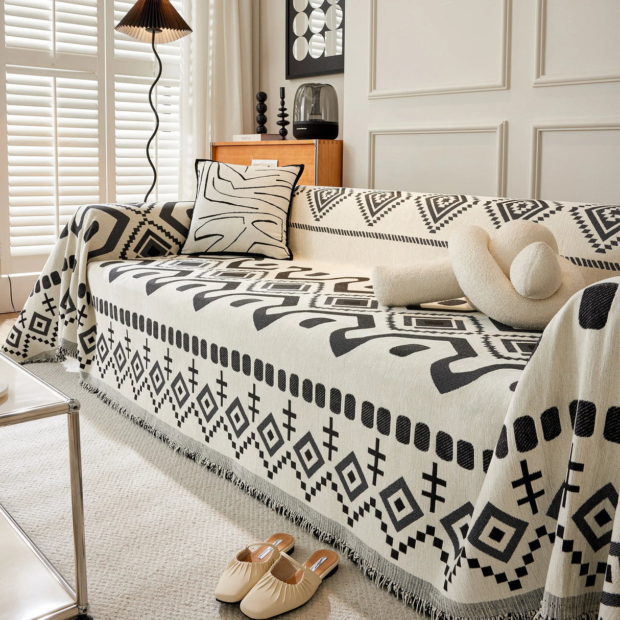 Boho Geometric Chenille Throw Sofa Cover Soft Textured Decorative Couch Blanket