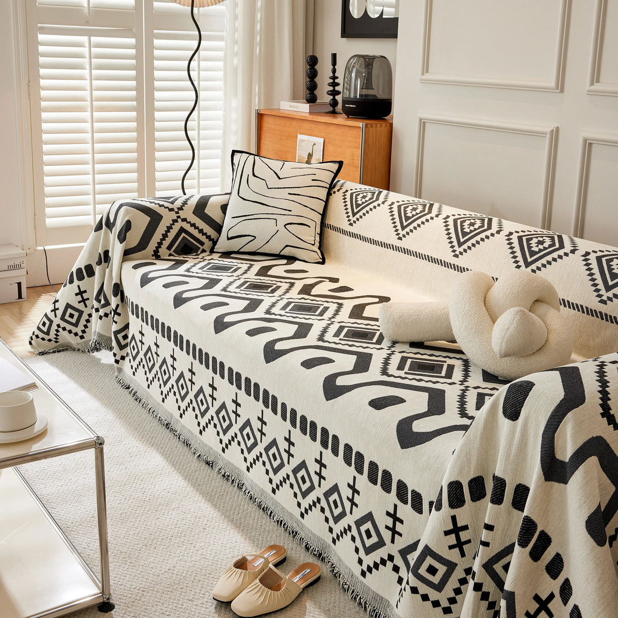 Boho Geometric Chenille Throw Sofa Cover Soft Textured Decorative Couch Blanket