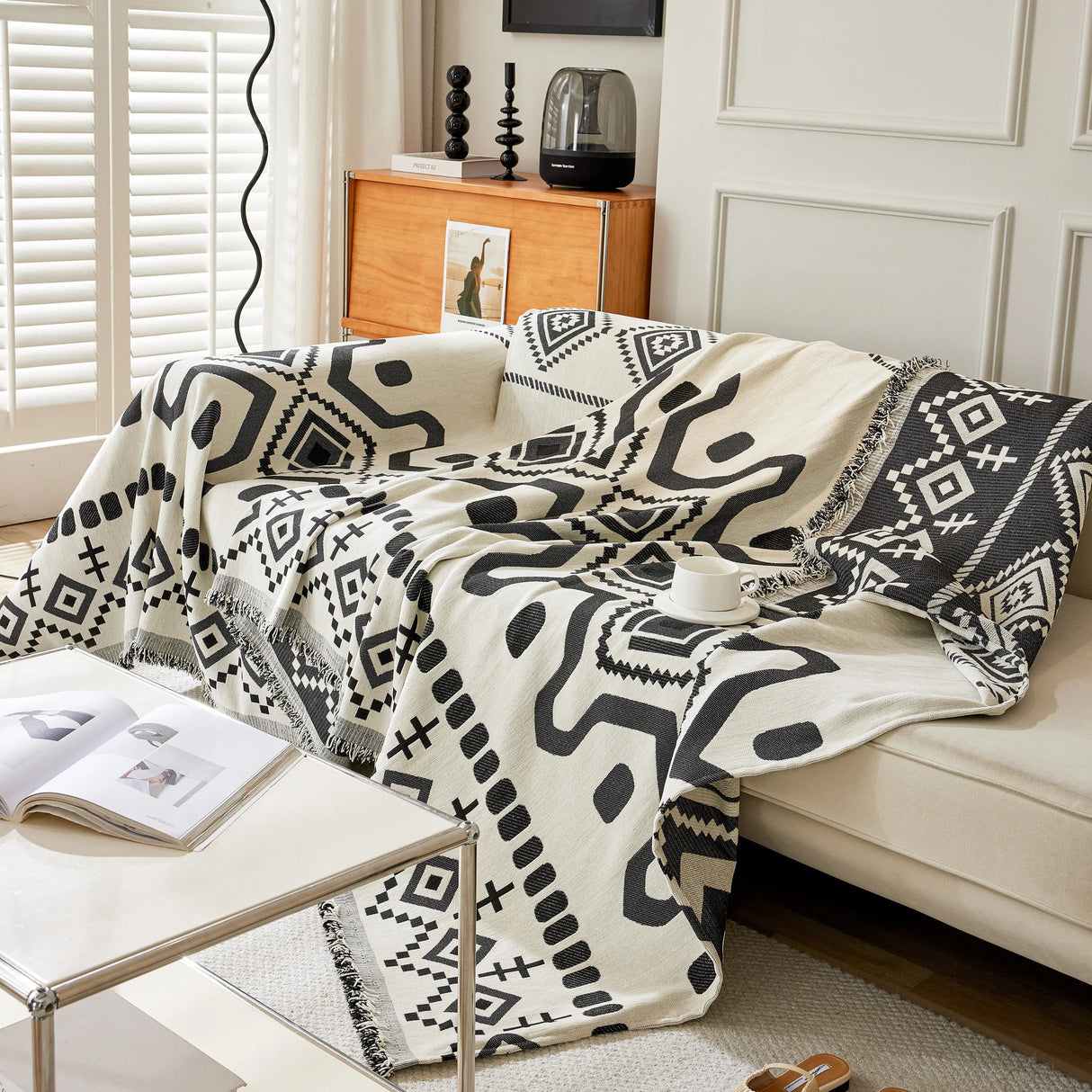 Boho Geometric Chenille Throw Sofa Cover Soft Textured Decorative Couch Blanket