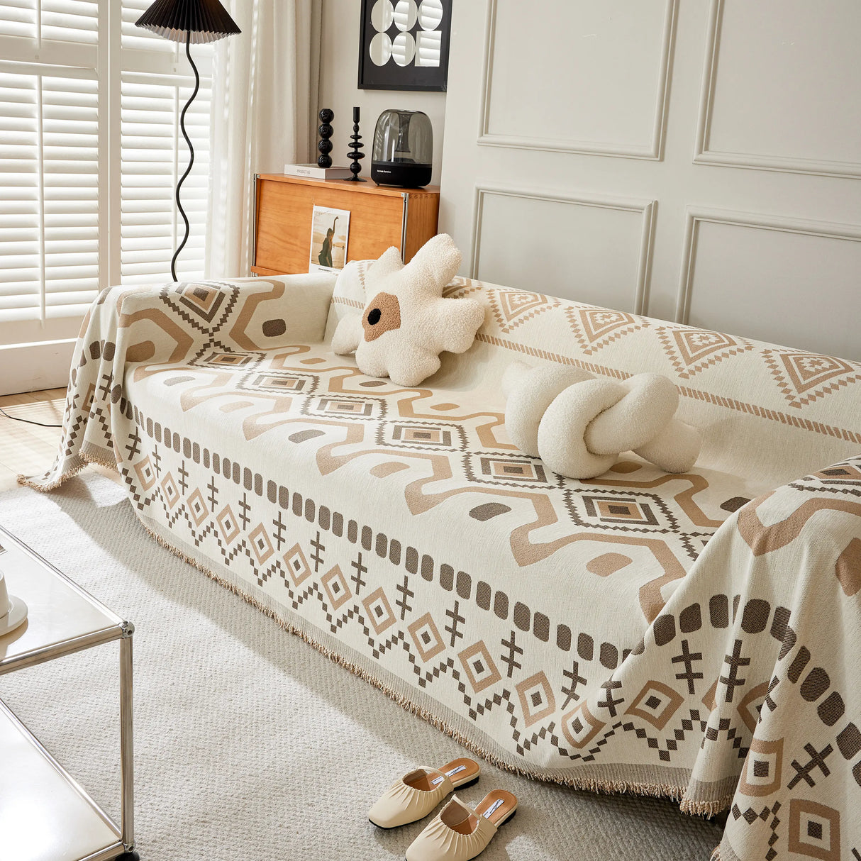 Boho Geometric Chenille Throw Sofa Cover Soft Textured Decorative Couch Blanket